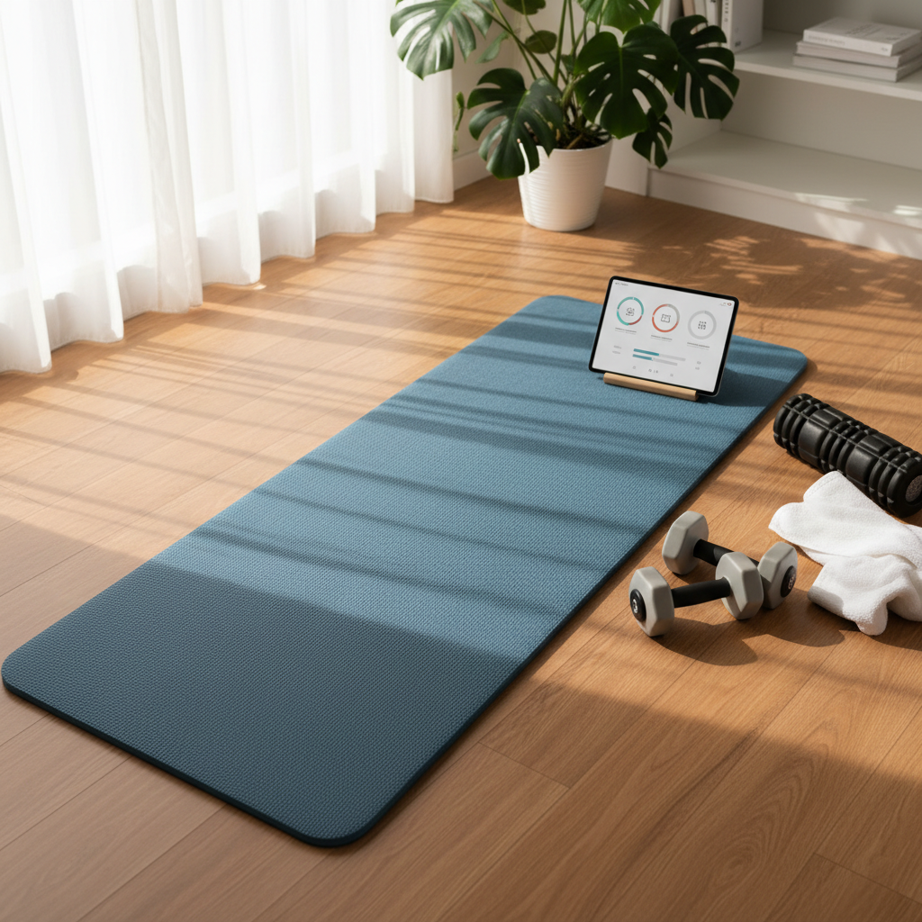 A serene home exercise corner with a thick, slate-blue fitness mat laid perfectly flat on warm wooden flooring, next to a pair of light grey adjustable dumbbells, a foam roller, and a neatly folded soft white towel. A digital tablet rests on a wooden stand at the mat’s edge, showing a paused health coaching session interface with clear, modern icons and progress indicators. Diffused afternoon daylight filters through sheer curtains, bathing the space in calm, natural light and creating soft, elongated shadows. Shot from a slightly elevated angle in photographic realism, the composition uses the rule of thirds to highlight the mat and tablet, evoking a sense of calm, gradual return to physical activity in a clean, professional environment.