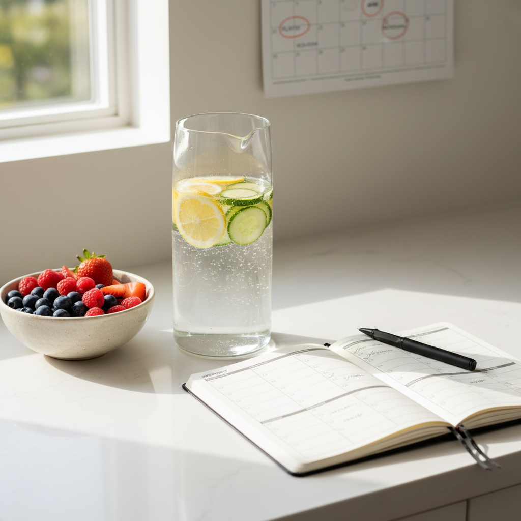 A bright kitchen countertop scene emphasizing healthy habit building, with a large, transparent glass water carafe infused with lemon and cucumber slices, tiny bubbles clinging to the fruit. Next to it, a ceramic bowl holds a colorful mix of fresh berries, and a fitness journal lies open with a printed weekly activity plan and checkboxes, a fine-tip pen placed neatly across the page. The counter is smooth white quartz, subtly reflecting light from a nearby window where soft morning sunlight creates gentle highlights and delicate shadows. In the slightly blurred background, a wall calendar displays planned activity days. Photographic realism at a slightly angled top-down view creates a professional, motivating atmosphere focused on sustainable health coaching routines.