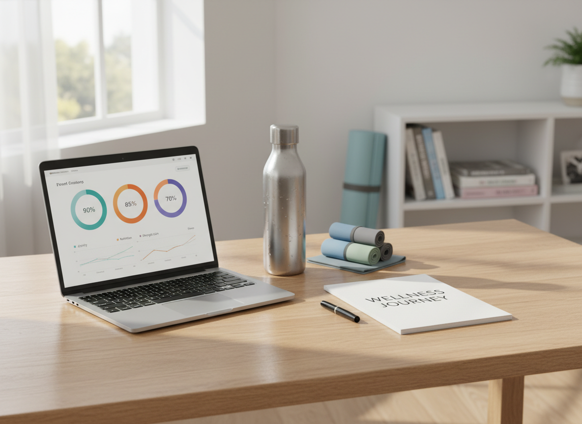 A neatly organized health coaching workspace on a light oak desk, featuring an open laptop displaying a minimalist fitness progress dashboard with colorful graphs, alongside a reusable stainless steel water bottle with condensation, a small stack of resistance bands in muted blues and greens, and a notebook with a pen resting diagonally. The scene is set near a large window with soft morning daylight casting gentle, natural shadows and subtle reflections on the laptop screen. In the blurred background, there is a clean, modern living room with a yoga mat rolled beside a low shelf of neatly arranged wellness books. Photographic realism at eye-level, with shallow depth of field, conveys a professional yet inviting atmosphere focused on structured, accessible health coaching.